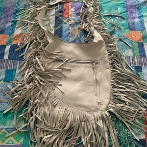 Genuine leather bone-colored fringe handbag